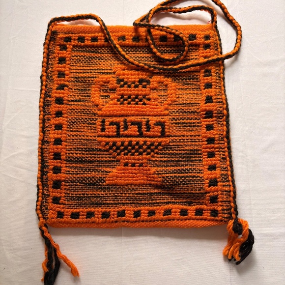 Orange & Black Woven Crossbody Tote Bag - Textured Vase w Geometric Designs - Picture 1 of 11